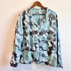Orvis Women’s Jacket L Blue Floral 100% Linen Button Front Long Sleeve USA Made